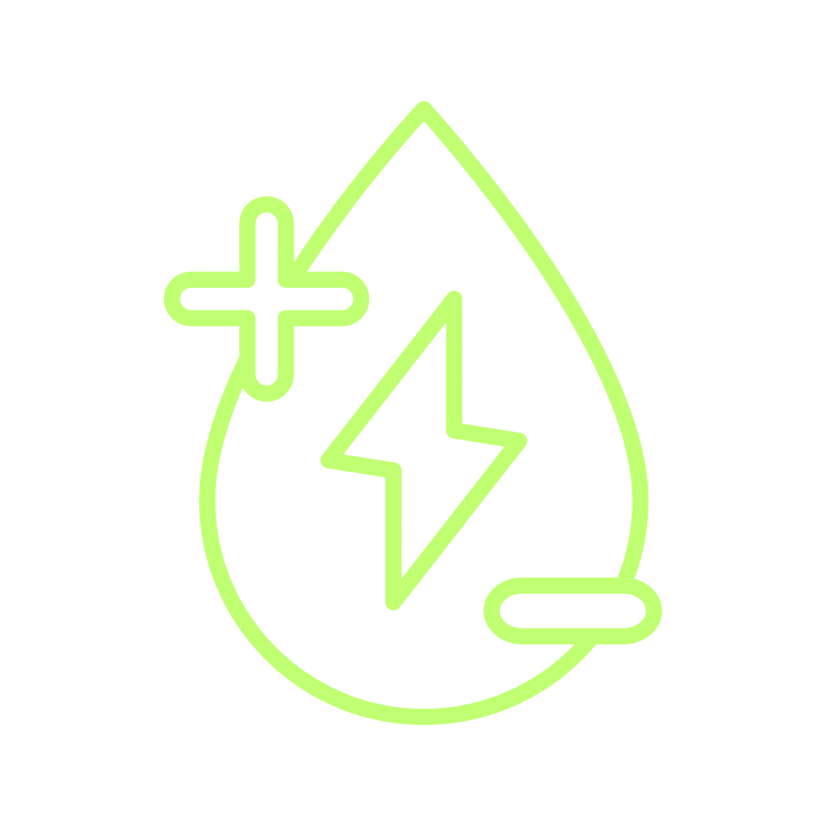 A light green outline icon of a water droplet containing a lightning bolt, a plus sign, and a minus sign, centered on a solid black background.