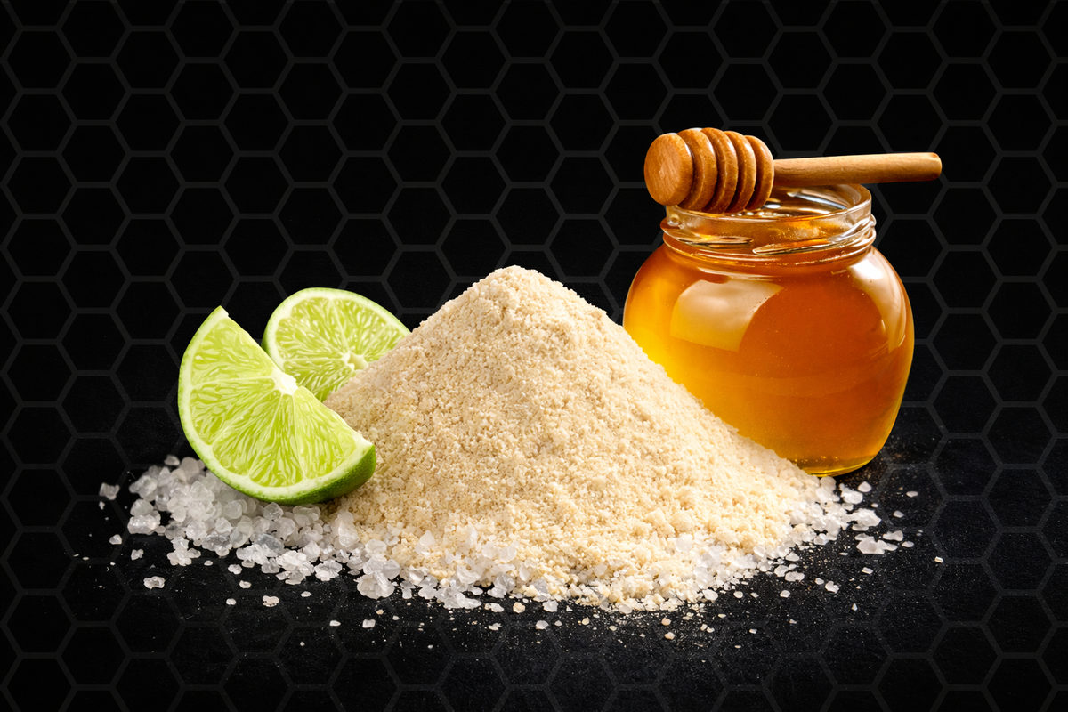 Honey, lime slices, and salt on a black background with honeycomb pattern