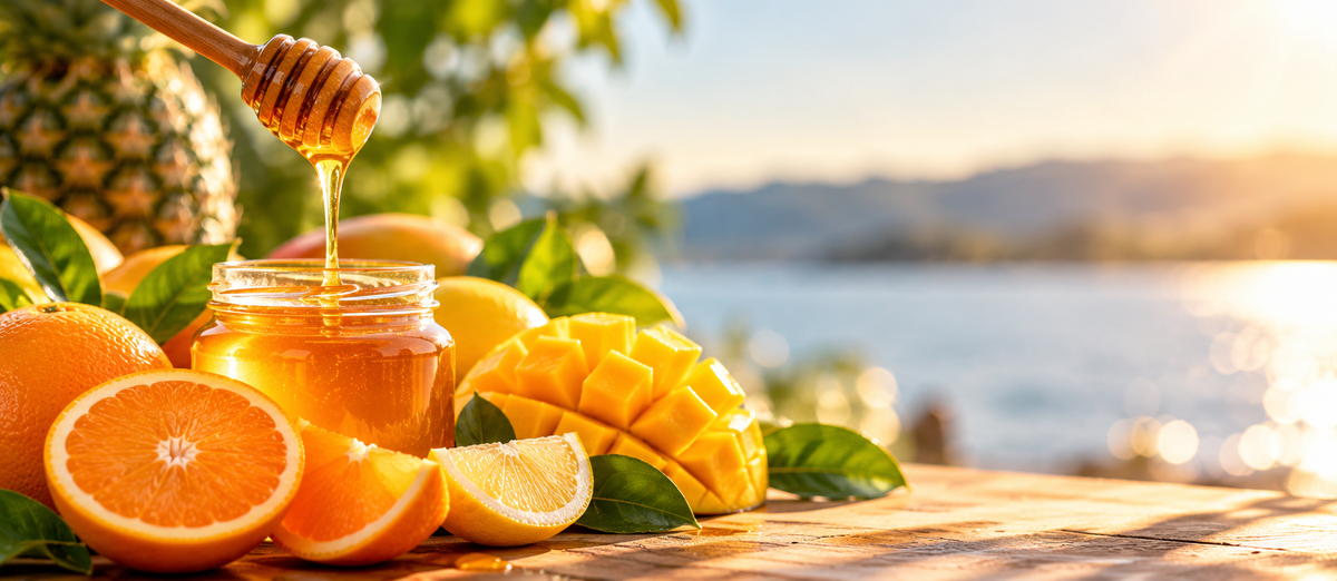 A jar of golden honey with honeycomb dripping from a wooden dipper, surrounded by fresh oranges, a mango, and green leaves on a wooden table, with a scenic lake and mountains blurred in the background at sunset.