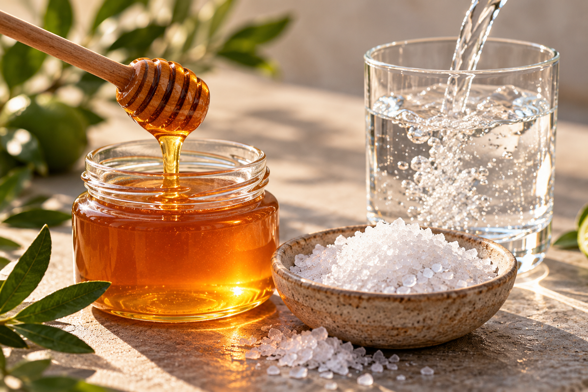 A glass jar of golden honey with a wooden dipper, a small bowl of coarse sea salt, and a glass of clear water with water being poured into it, arranged on a stone surface with green leaves in the background.