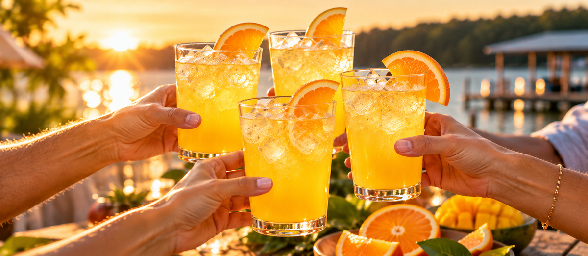 Three hands raise glasses of orange-yellow iced cocktails with orange slices, set against a warm sunset lakeside background with a dock and people partially visible.