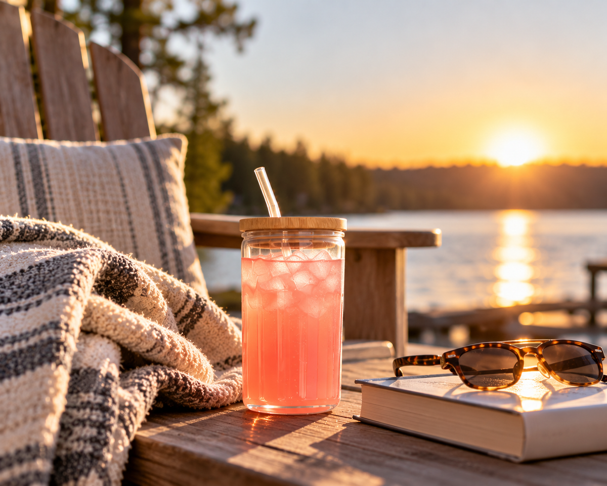 A pink iced drink in a clear glass jar with a bamboo lid and straw sits on a wooden table outdoors by a lake at sunset, with a striped blanket, chair, sunglasses, and book nearby.