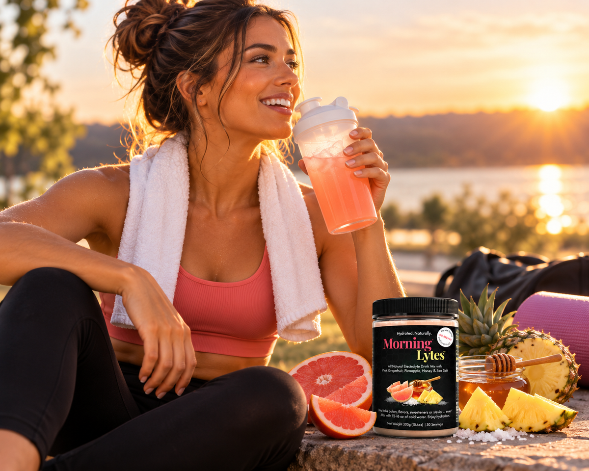A woman in athletic wear sits outdoors by a lake at sunset, holding a shaker drink. In front of her is a jar of Nutrition Solutions Mornings Tastes supplement powder, surrounded by grapefruit, pineapple, honey, and a pink yoga mat.