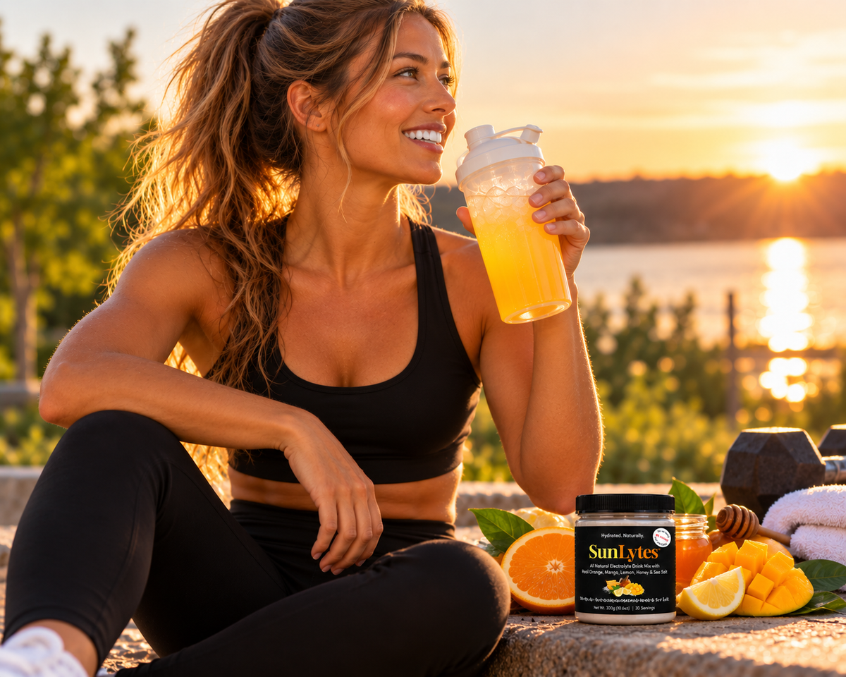 A woman in a black sports bra and leggings sits outdoors by a lake at sunset, holding a shaker bottle with orange drink. In front of her are a jar of Sunly's protein powder, sliced orange, mango, honey, and a dumbbell.