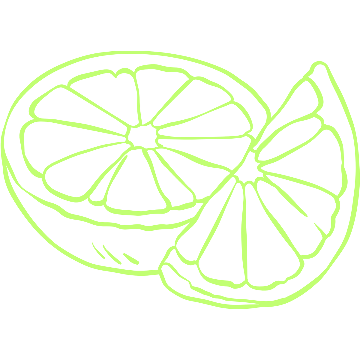 A neon light green line art illustration of a sliced citrus fruit, likely a lime or citron, with a wedge overlapping a half-slice, set against a solid white background.