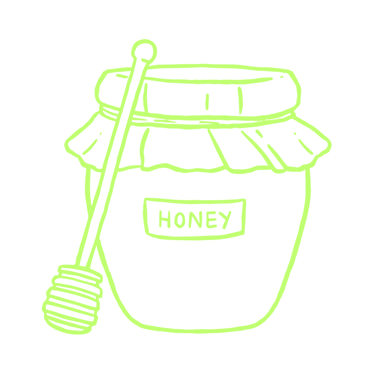 A simple neon green line drawing of a honey jar with a honey dipper on a solid black background.