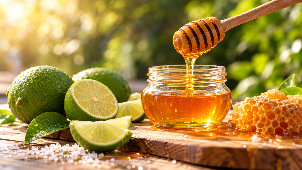A glass jar filled with golden honey sits on a wooden surface, with a wooden honey dipper pouring honey into it. Fresh limes, a piece of honeycomb, and coarse salt are arranged around it outdoors on a sunny day with a blurred green garden background.