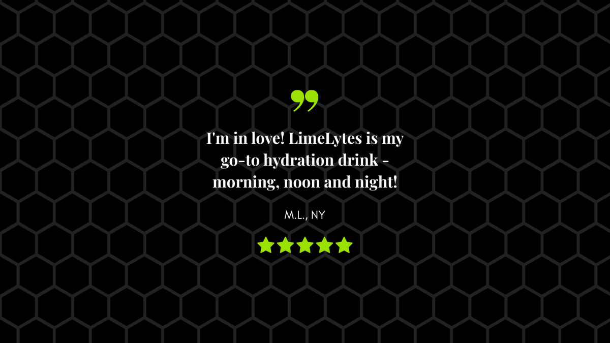 Hexagonal pattern with text praising LimeLytes as a hydration drink.