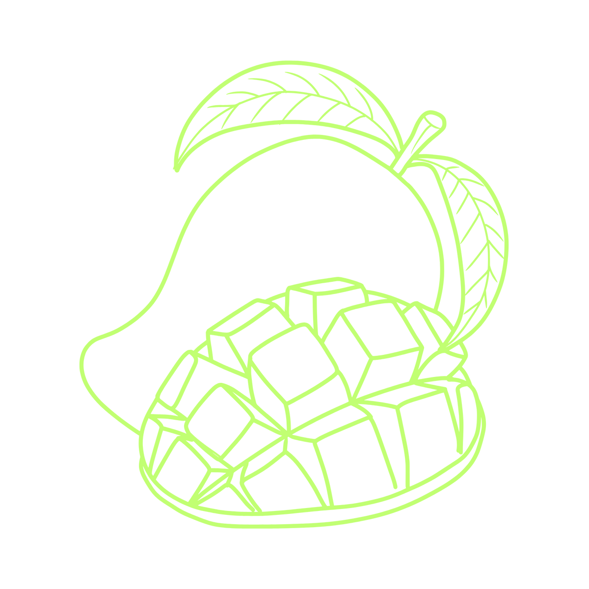 A neon light green line art illustration of a pear with a slice cut from the center, showing the fruit's internal structure, on a solid white background.