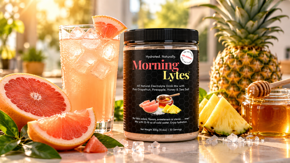 A jar of Morning Lytes electrolyte drink mix sits on a countertop surrounded by a glass of iced pink drink, grapefruit slices, pineapple, honey, and ice in a warm, sunlit kitchen setting.