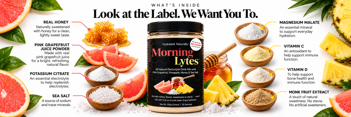 A jar of Morning Lytes herbal supplement powder centered on a promotional banner with labeled ingredients including real honey, pink grapefruit juice powder, potassium citrate, sea salt, magnesium malate, vitamin C, vitamin D, and monk fruit extract.