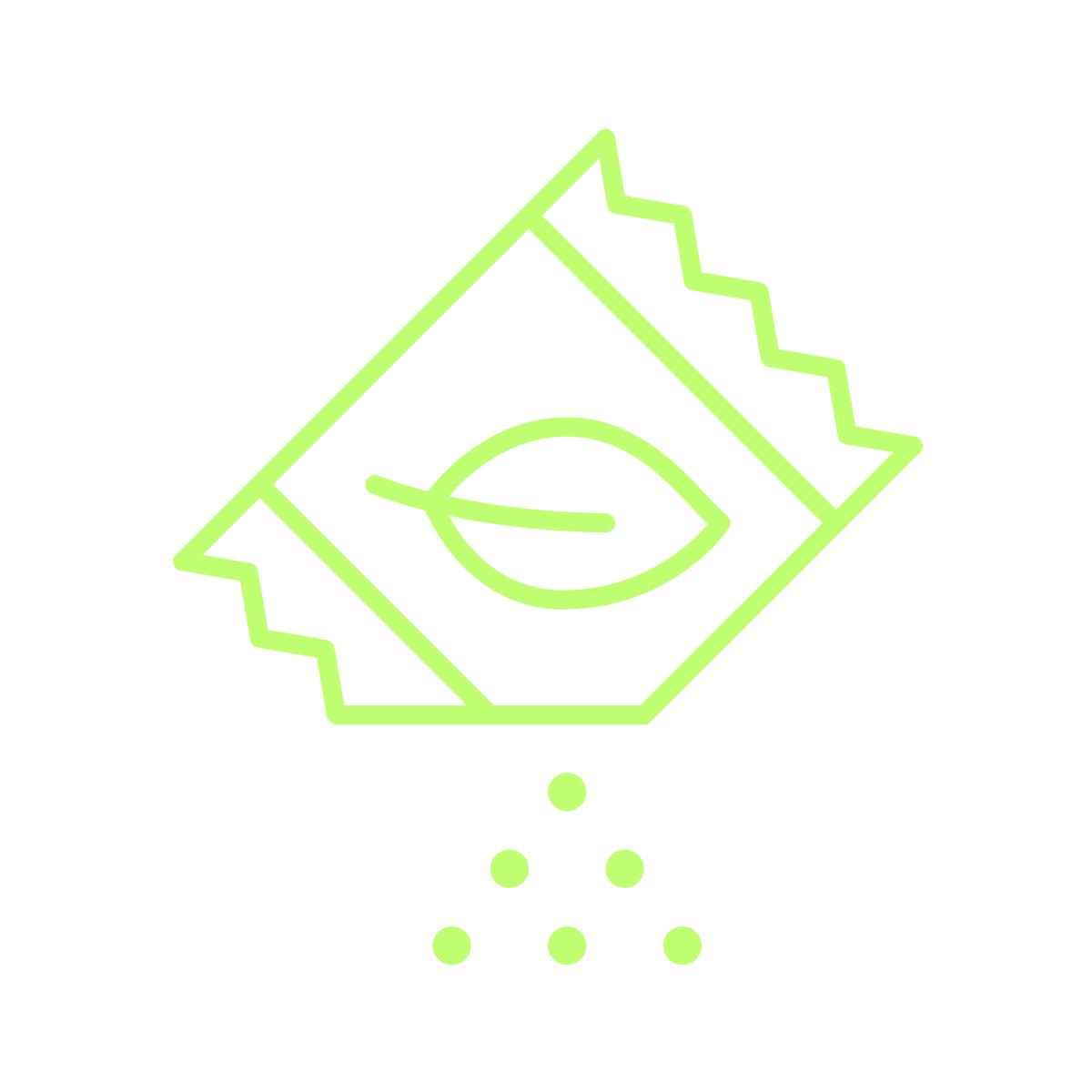 A light green line icon depicting a hand-drawn house outline with a leaf symbol inside, above a cluster of small dots, on a solid black background.
