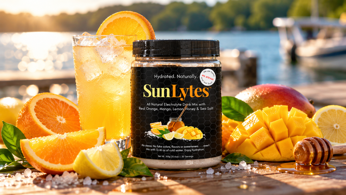 A jar of SunLytes electrolyte drink mix stands on a wooden surface outdoors by the water, surrounded by citrus slices, a glass of iced electrolyte drink, mango, honey, and leaves. The product label is visible and reads SunLytes.