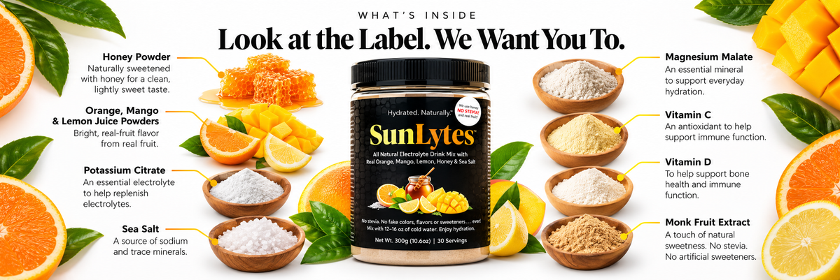 A promotional infographic for SunLytes pre-workout supplement. The center features a black bottle of SunLytes with yellow and orange label graphics.