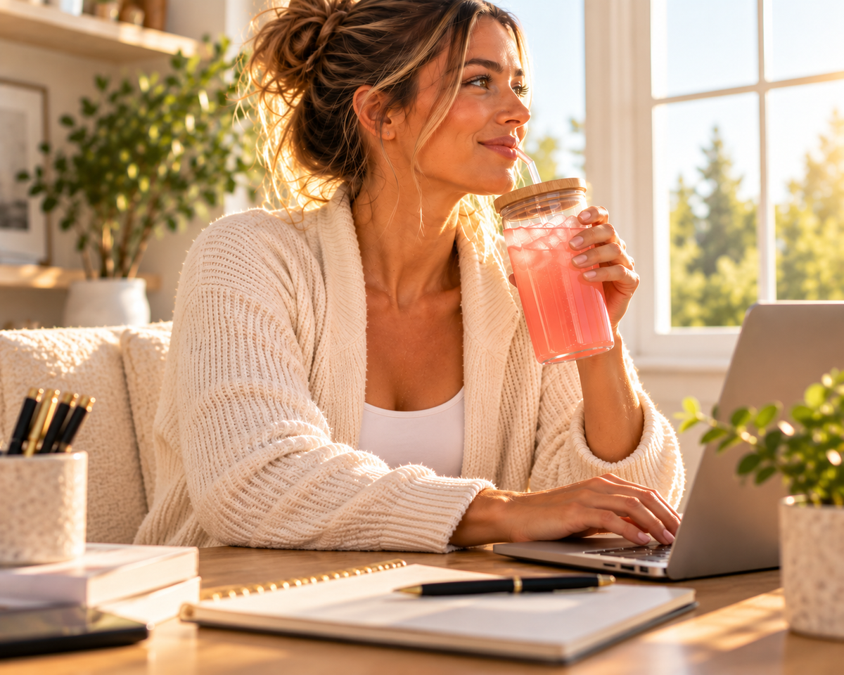 A woman in a cozy cream knit cardigan sits at a wooden desk, holding a pink drink in a clear glass jar with a straw while working on a laptop. The scene is warmly lit by natural sunlight coming from a window, with notebooks, pens, and potted plants on the desk.