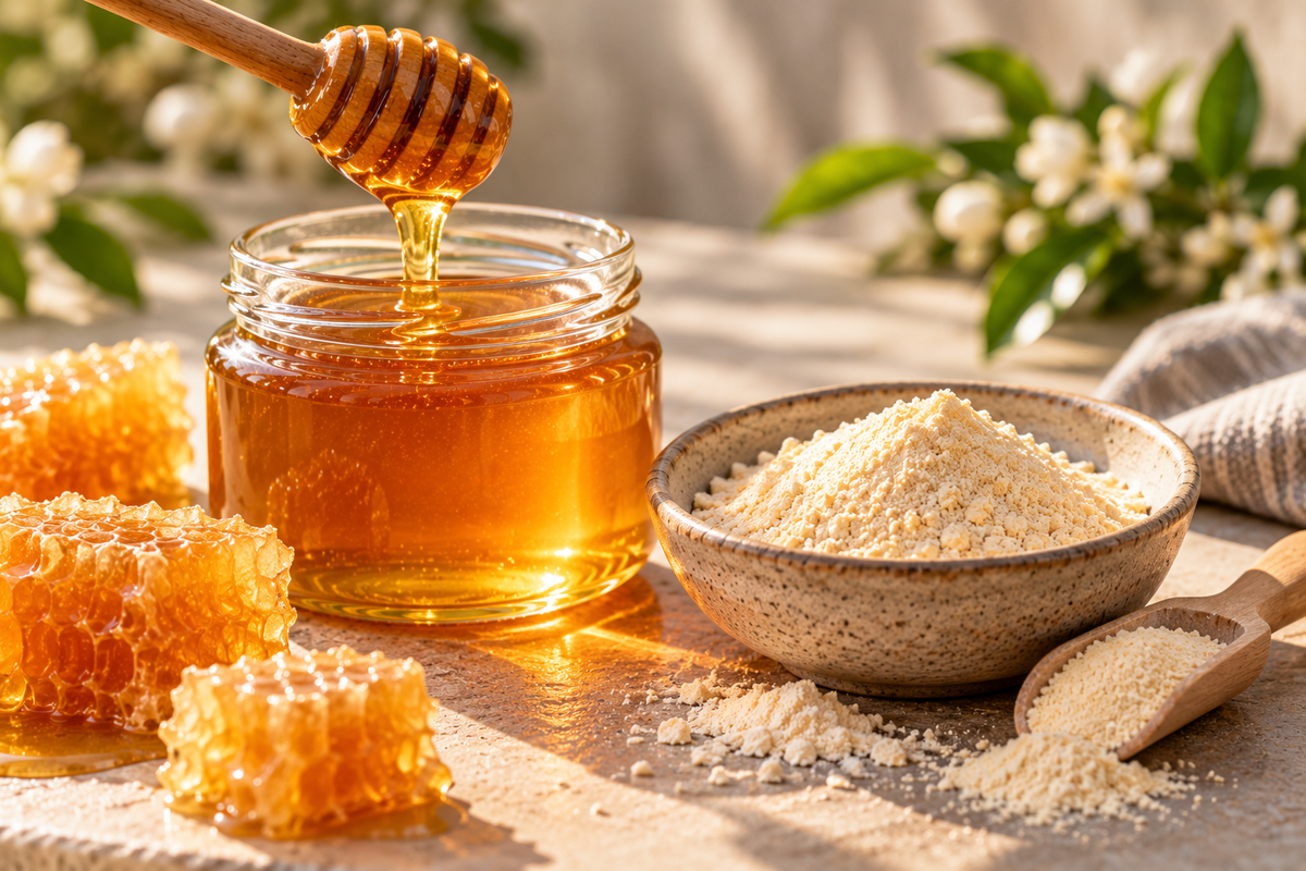 A glass jar of golden honey with a wooden honey dipper pouring honey into it, surrounded by honeycomb pieces, a bowl of pale powder, and a wooden spoon on a sunlit tabletop with soft floral background.