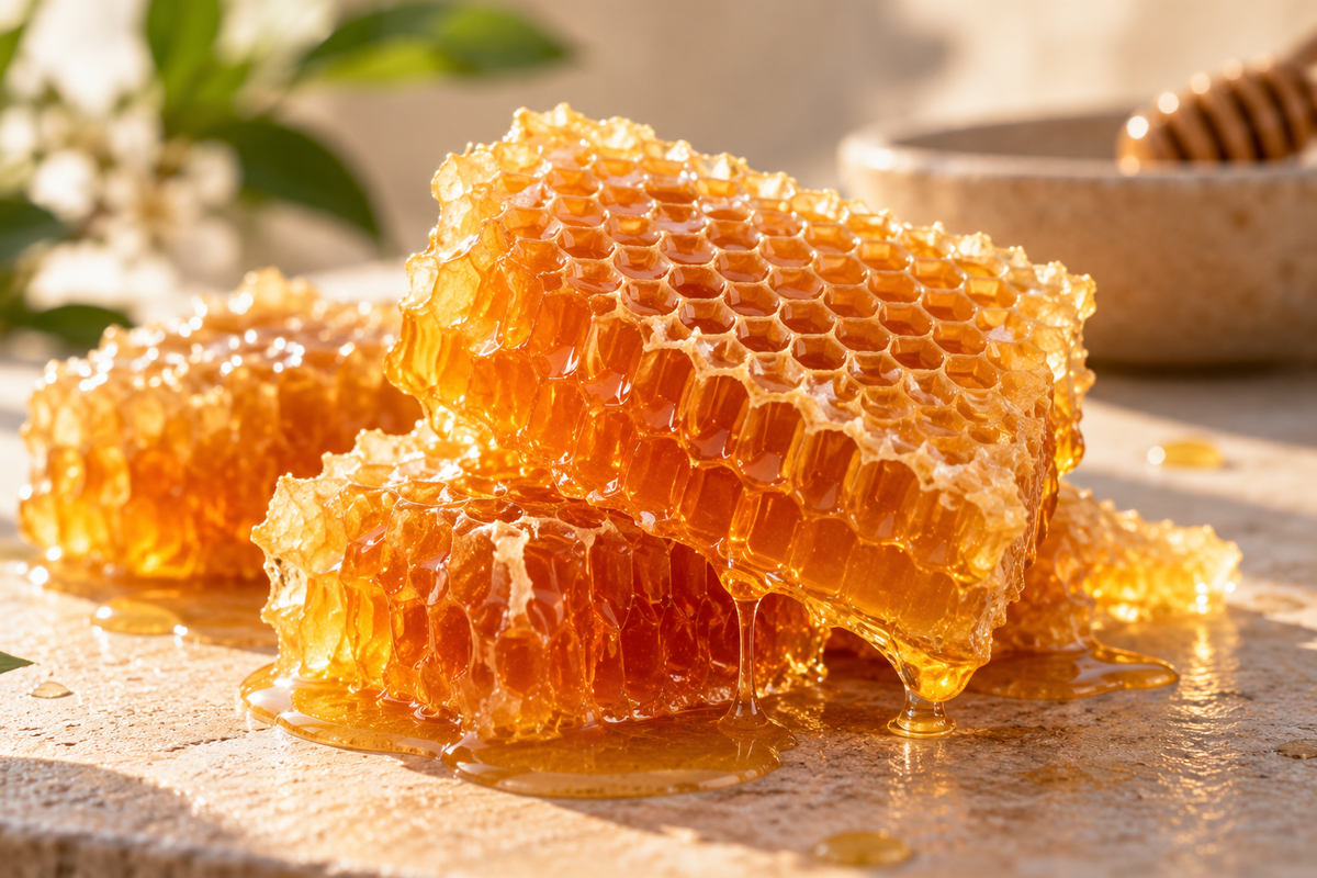 Close-up of golden honeycomb dripping with amber honey on a stone surface, with blurred flowers and a bowl in the background.