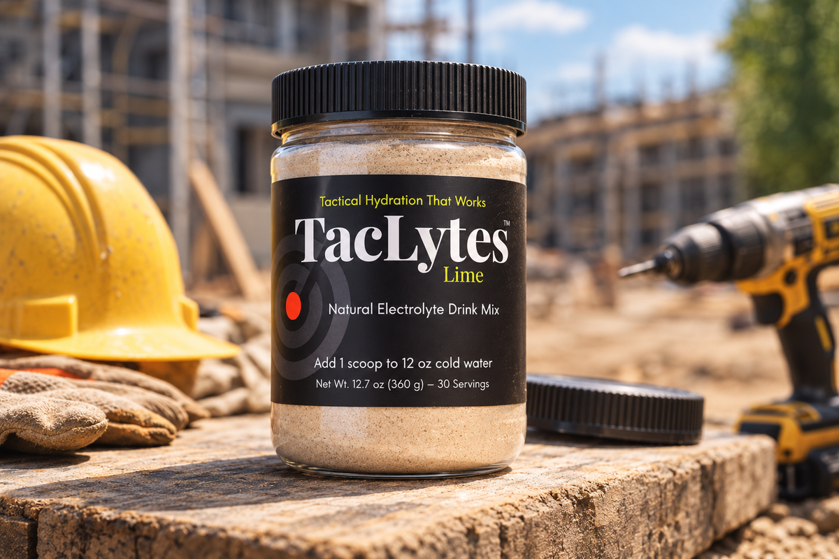 Jar of TacLytes Lime drink mix on a construction site with hard hat and drill in background