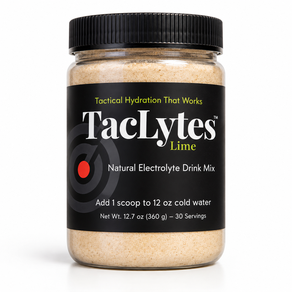 Jar of TacLytes Lime natural electrolyte drink mix on a white background