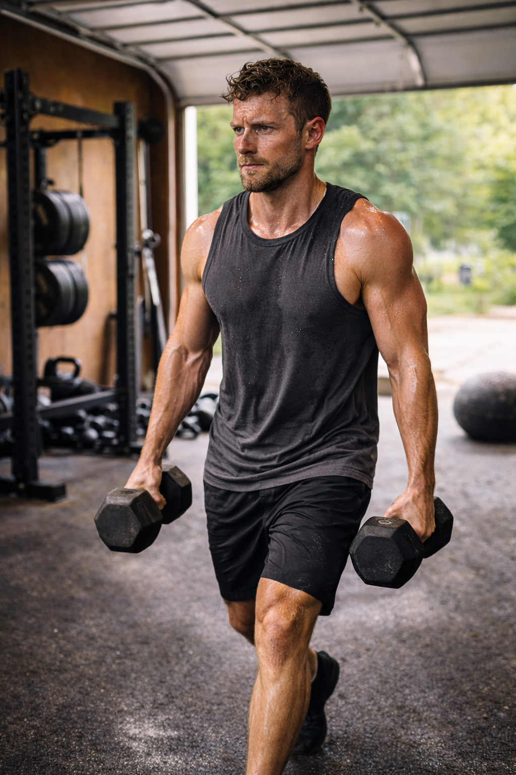 Man exercising with dumbbells in a gym setting