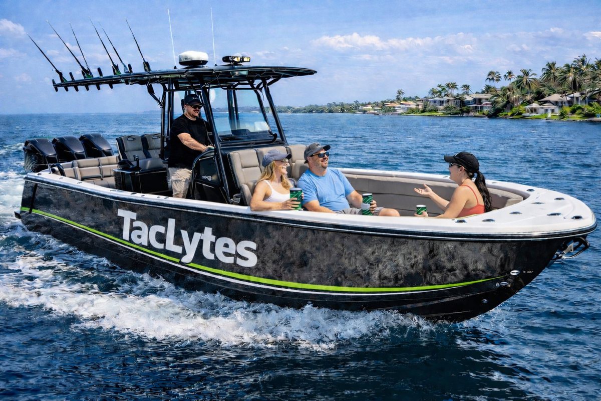 Boat with 'TacLytes' branding on a body of water with people on board.