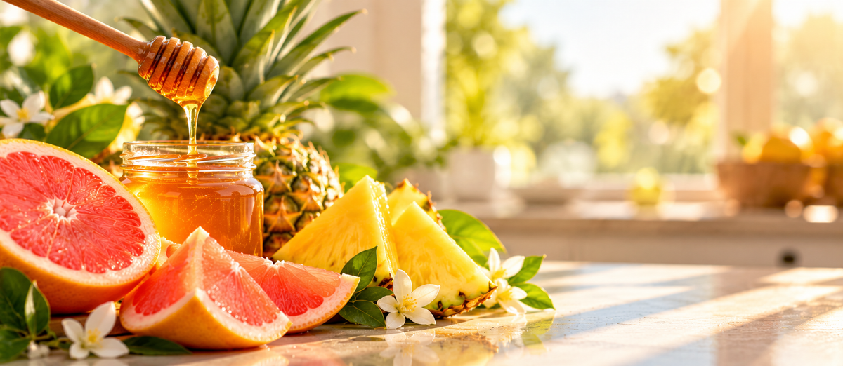 A glass jar filled with golden honey sits on a countertop, with a wooden honey dipper dripping honey above it. Fresh pineapple slices, grapefruit wedges, and white flowers are arranged around the jar, with a pineapple and blurred kitchen background in warm sunlight.
