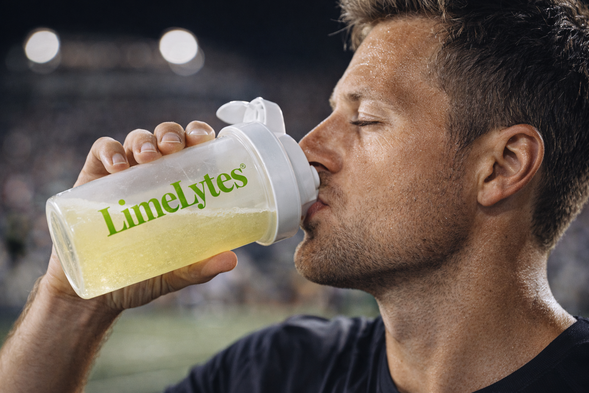 Person drinking from a Limelytes bottle at a sports event.