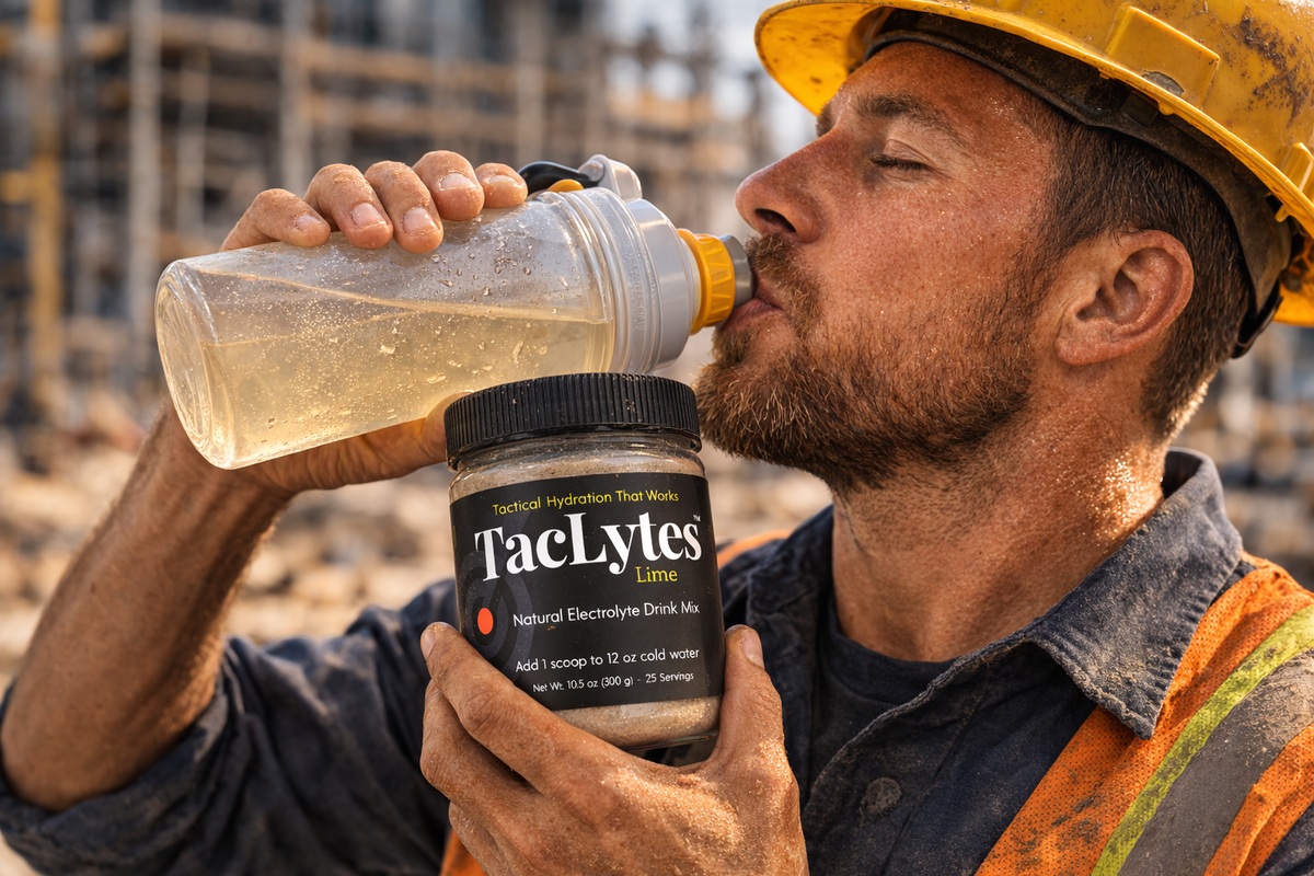 Man in construction gear drinking from a TacLytes bottle at a construction site.